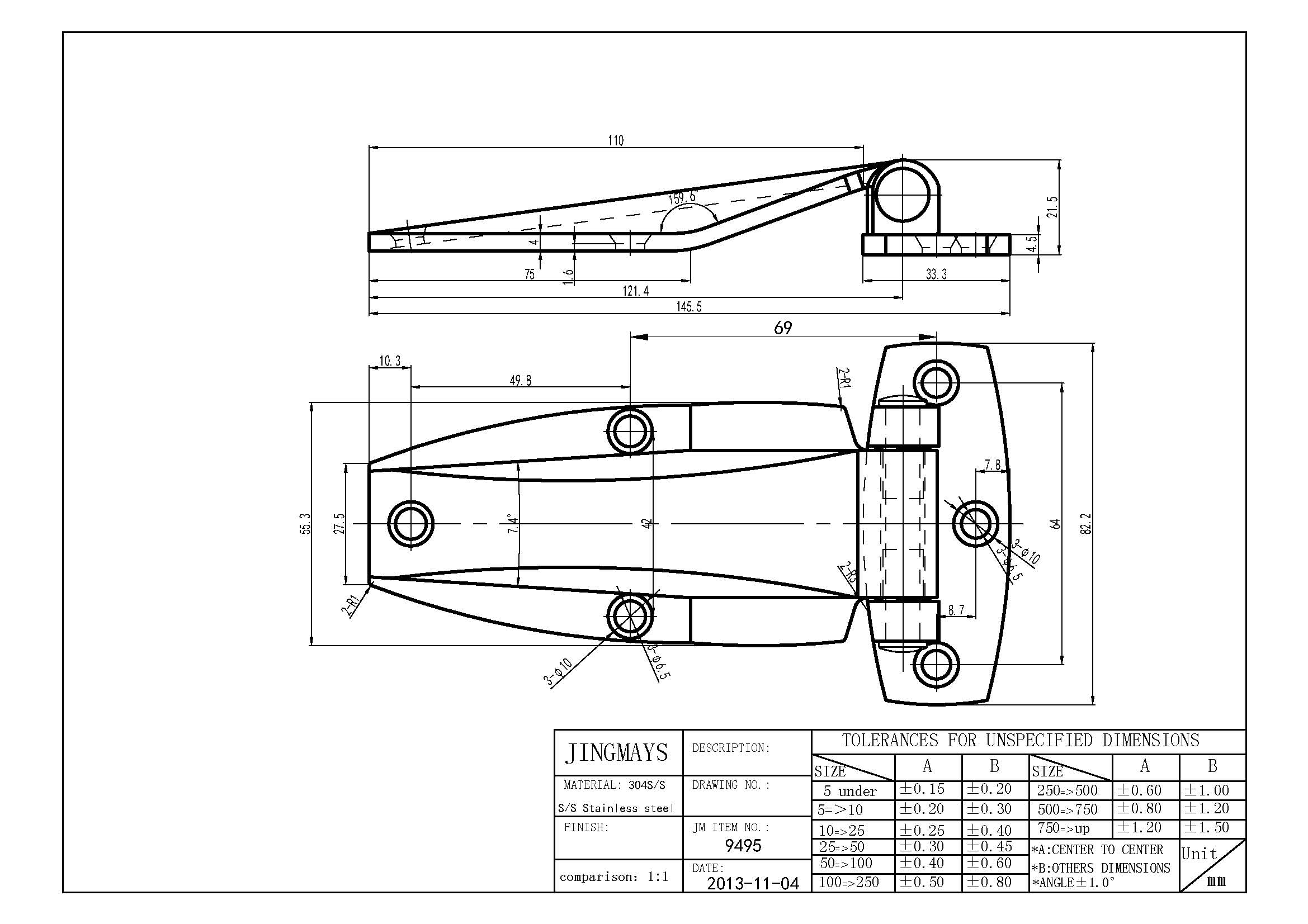 Flush Strap Hinge Stainless Steel Polished W/ Holes - 9495