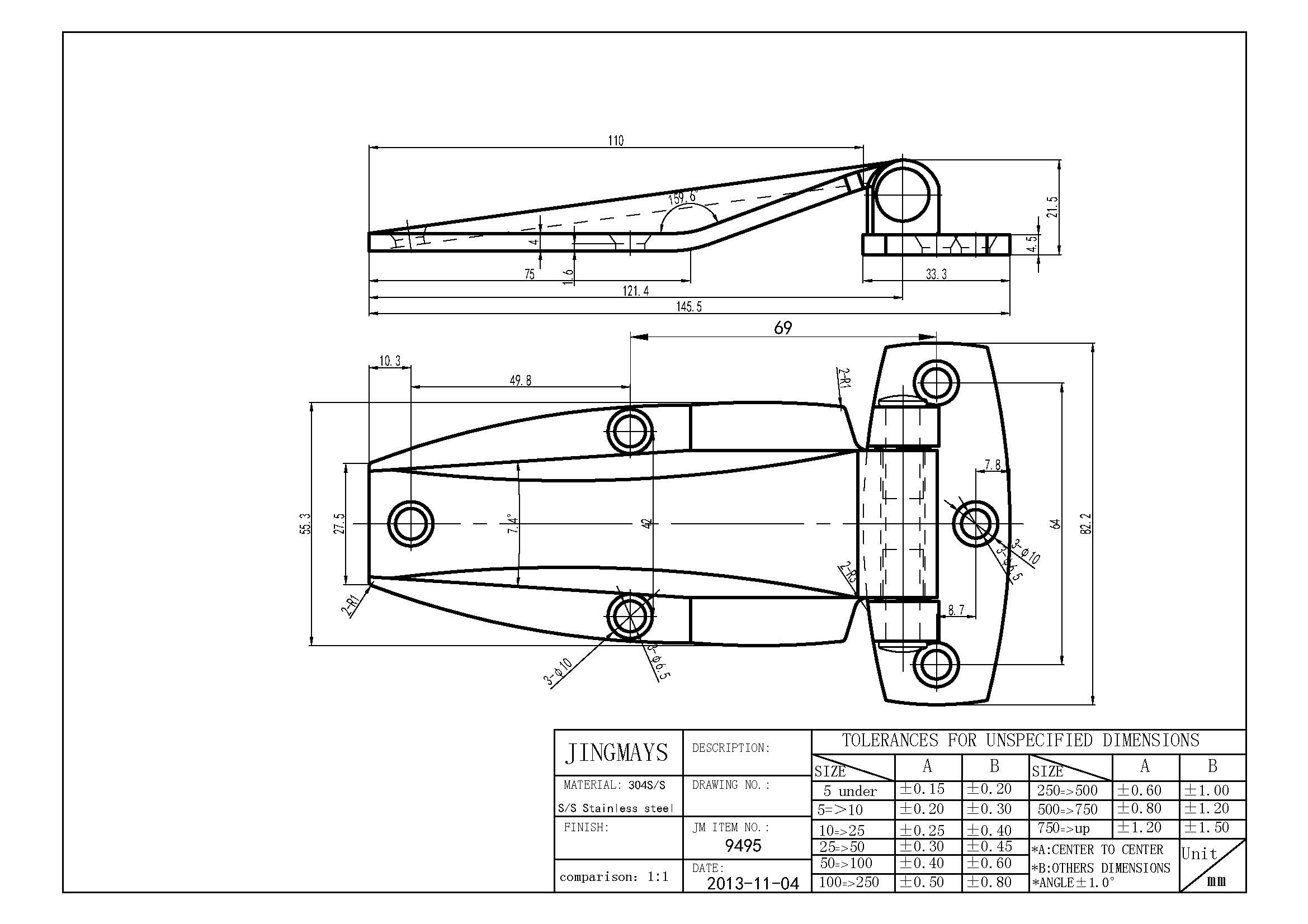 Flush Strap Hinge Stainless Steel Polished W/ Holes - 9495