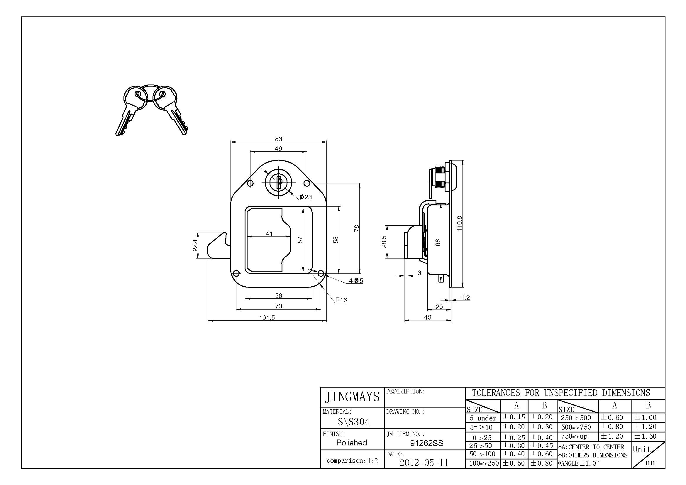 Locking Mini Paddle Latch Stainless Steel Plain W/ Sideway Hook - 91262