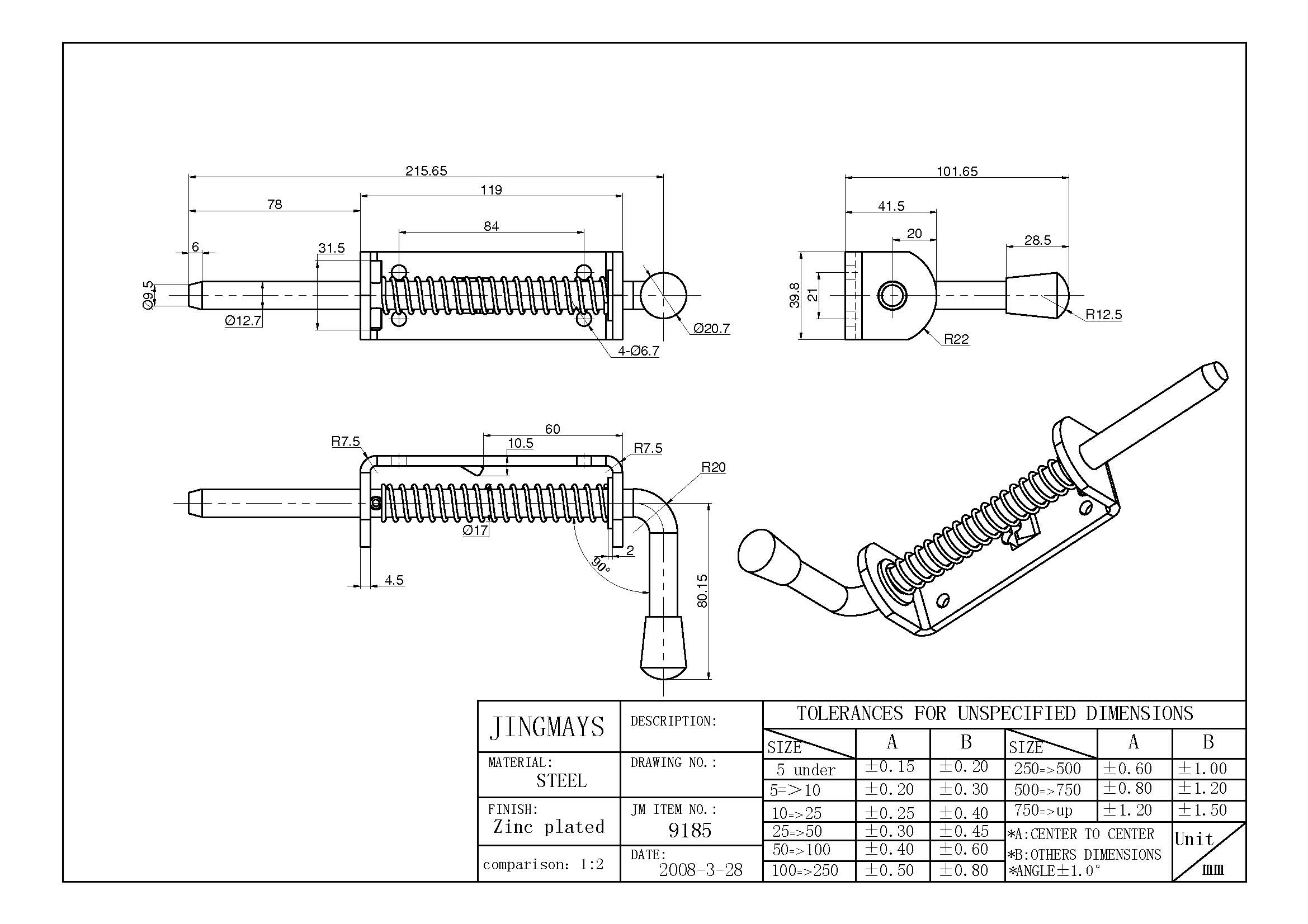 Steel Zinc Plated Spring Bolt 13MM DIA - 9185