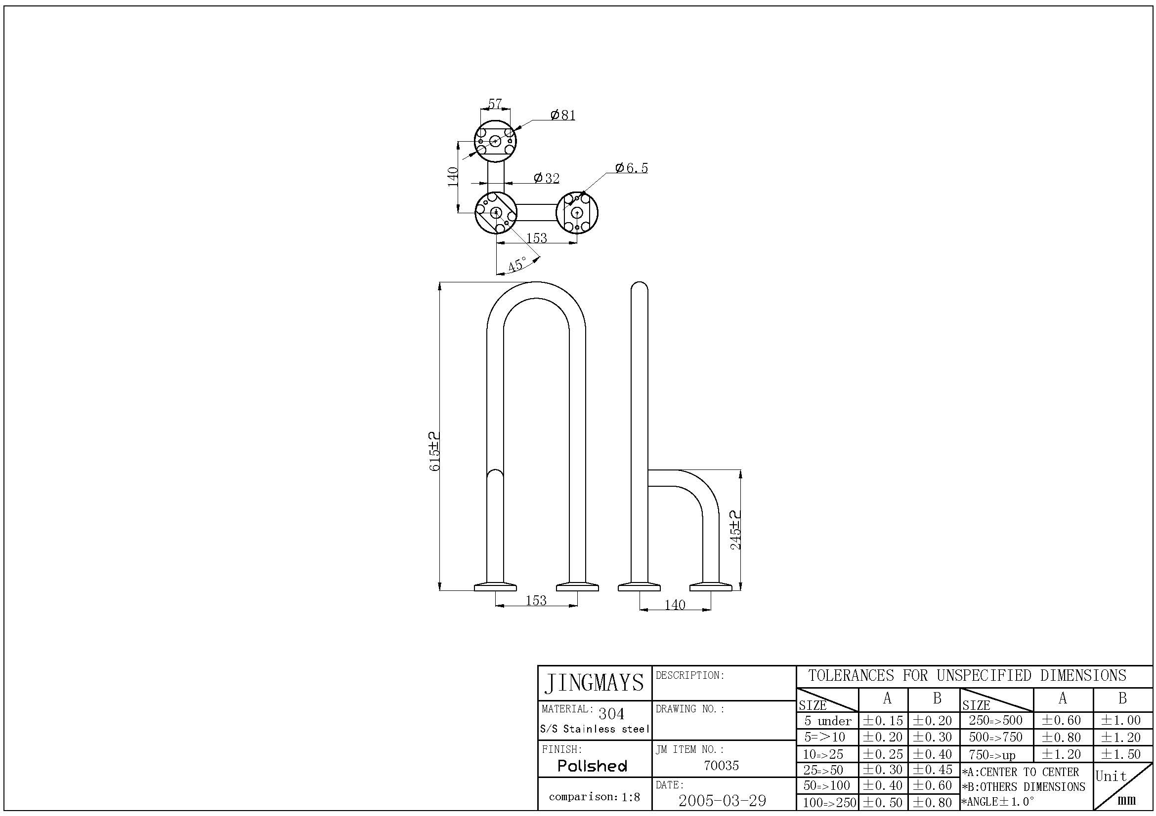 Grab Bar Mounted With 3 Outrigger - 70035