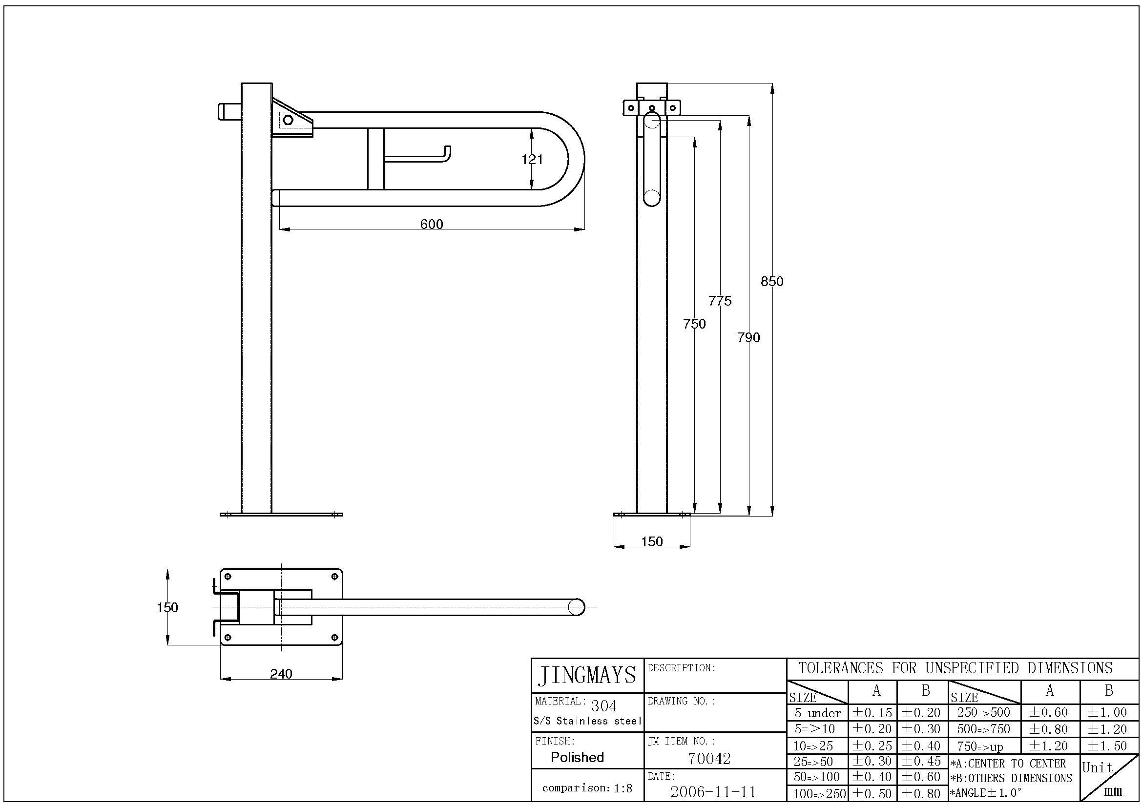 Stainless Steel Vertical Swing Grab Bar - 70042