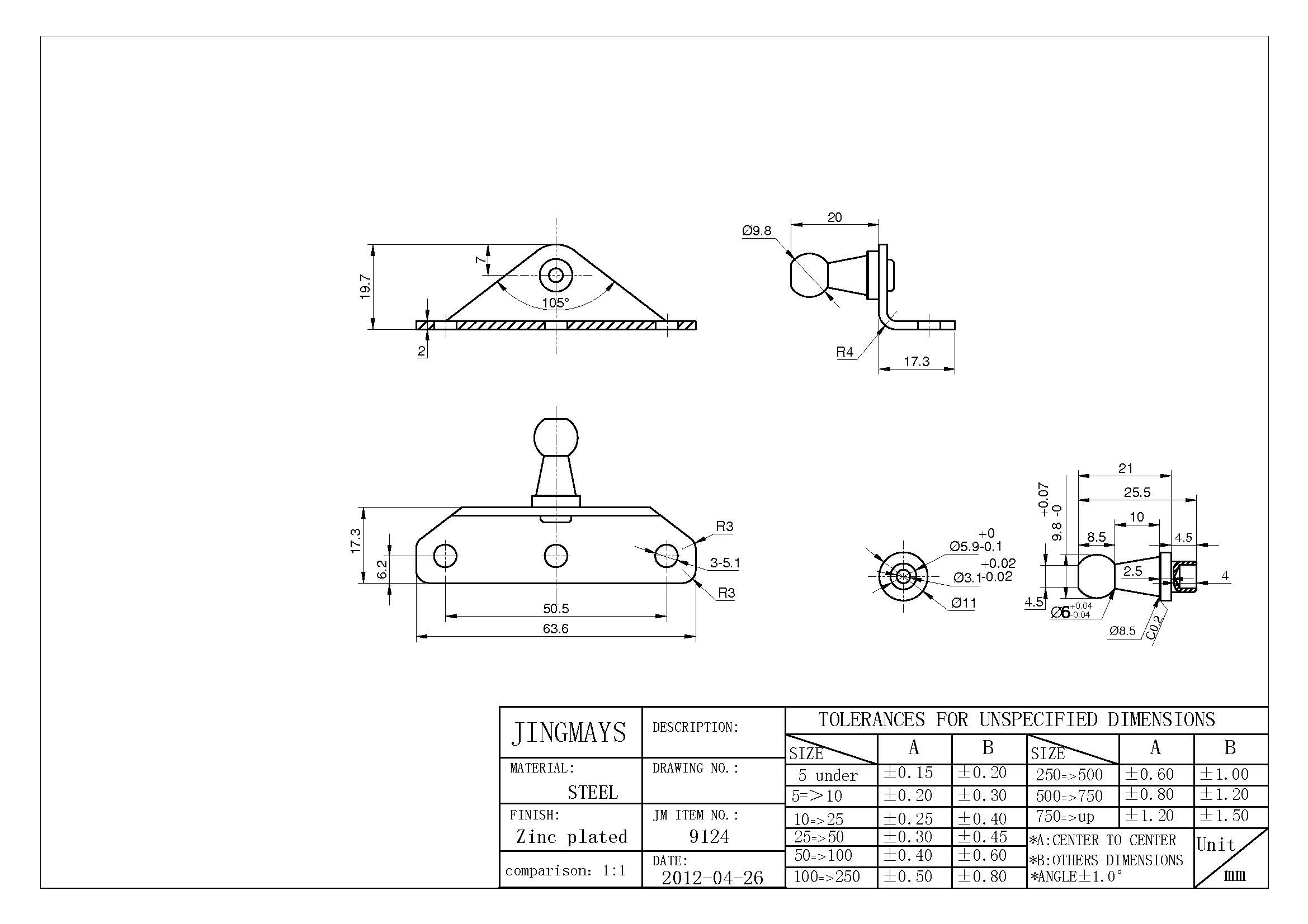 L Shape Mounting Bracket for Gas Spring With 10MM Ball Stud - 9124