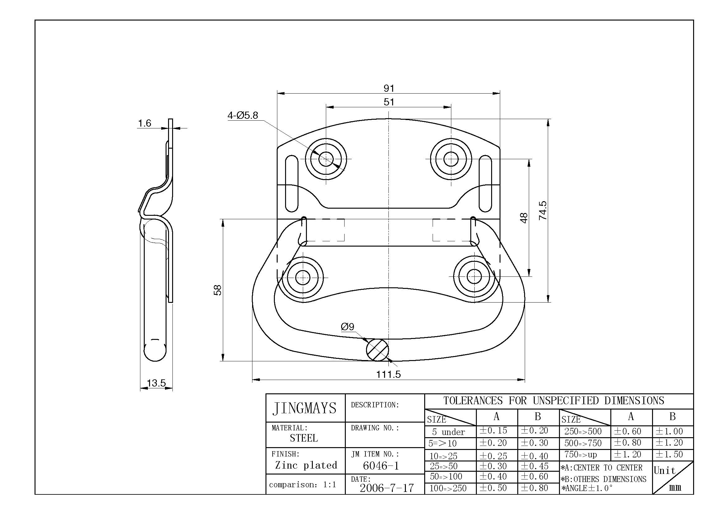 Chest Handle in Steel 90 Degree Stop Zinc Plated- 6046-1