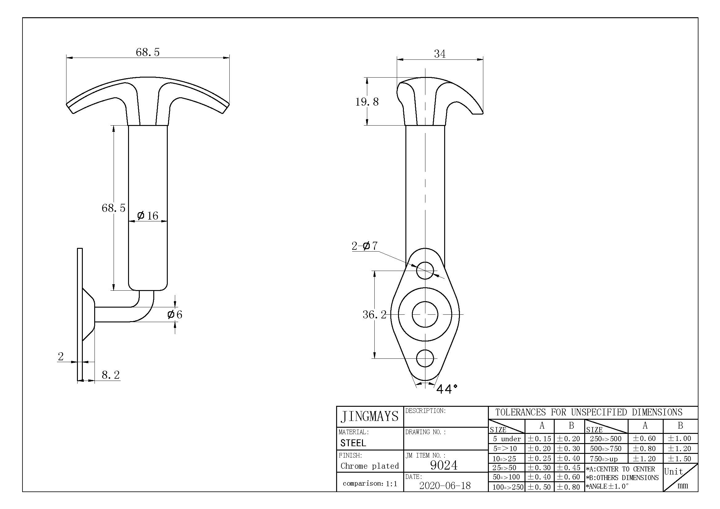 Hood Catch 90 Degree Angle Steel Chrome Plated - 9024