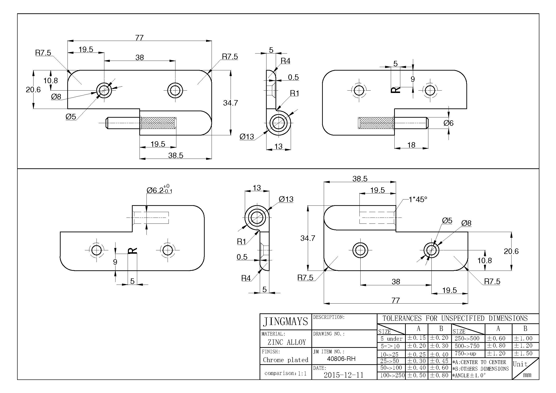 Hinge Zinc Alloy Chrome Plated - 40806