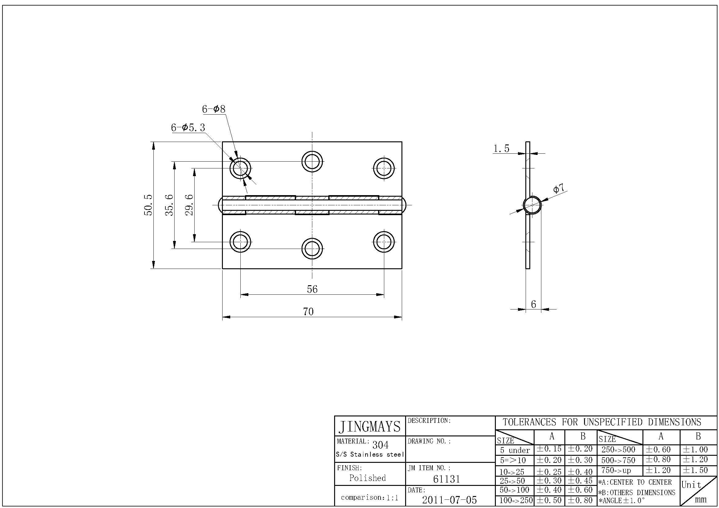 Hinge Stainless Steel Polished - 61131