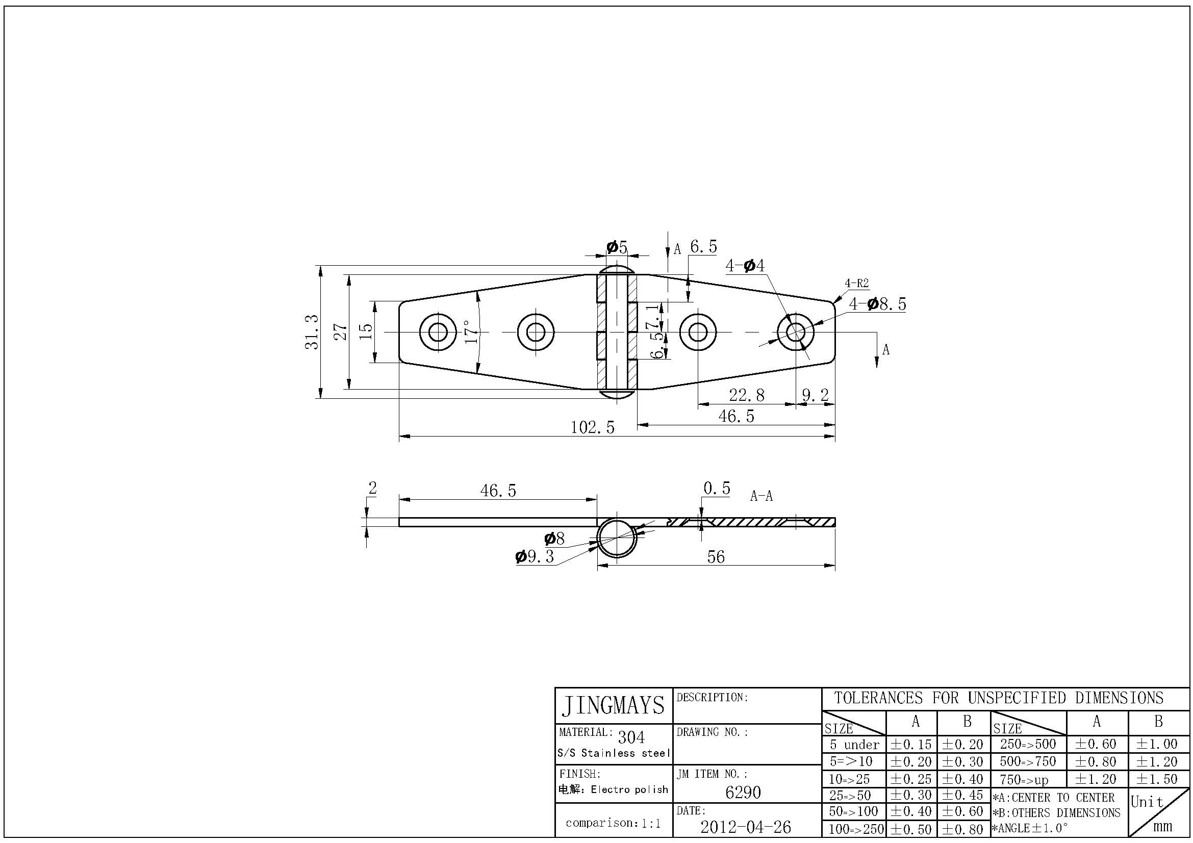 Hinge Stainless Steel Electrolytic Polished - 6290