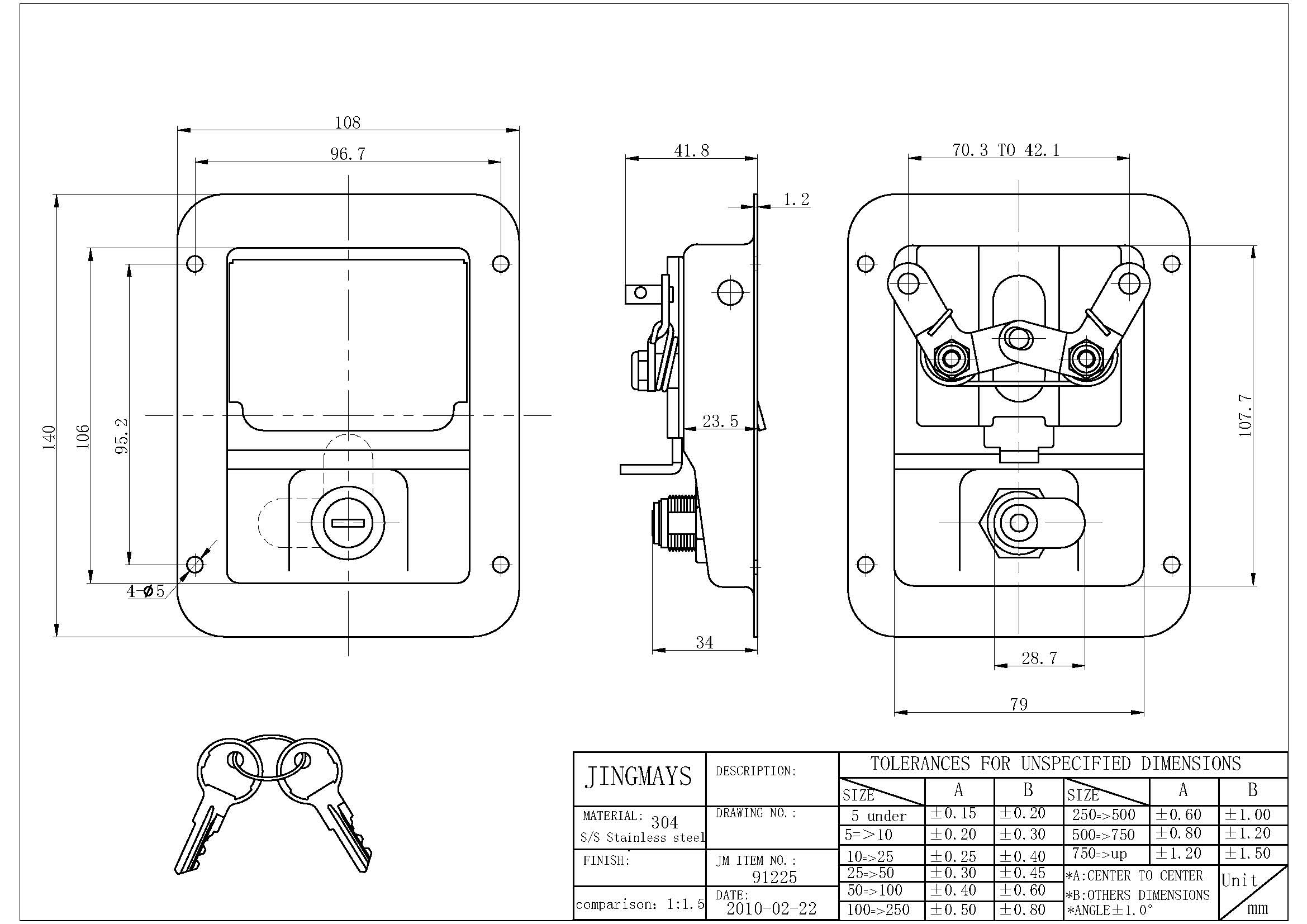 Locking Stainless Steel Polished Paddle Latch W/ Mtg. Holes - 91225