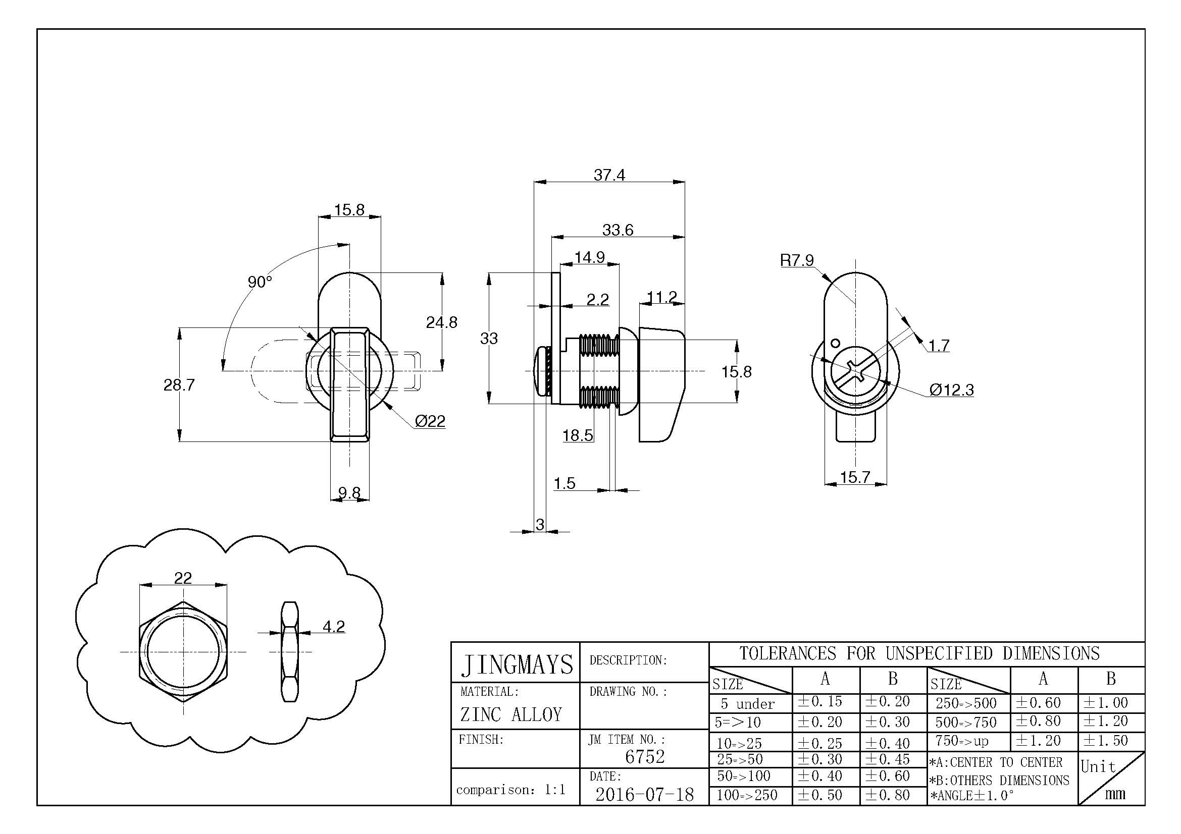 Quarter-Turn Lock With Plastic Knob Zinc Alloy Zinc Plated - 6752