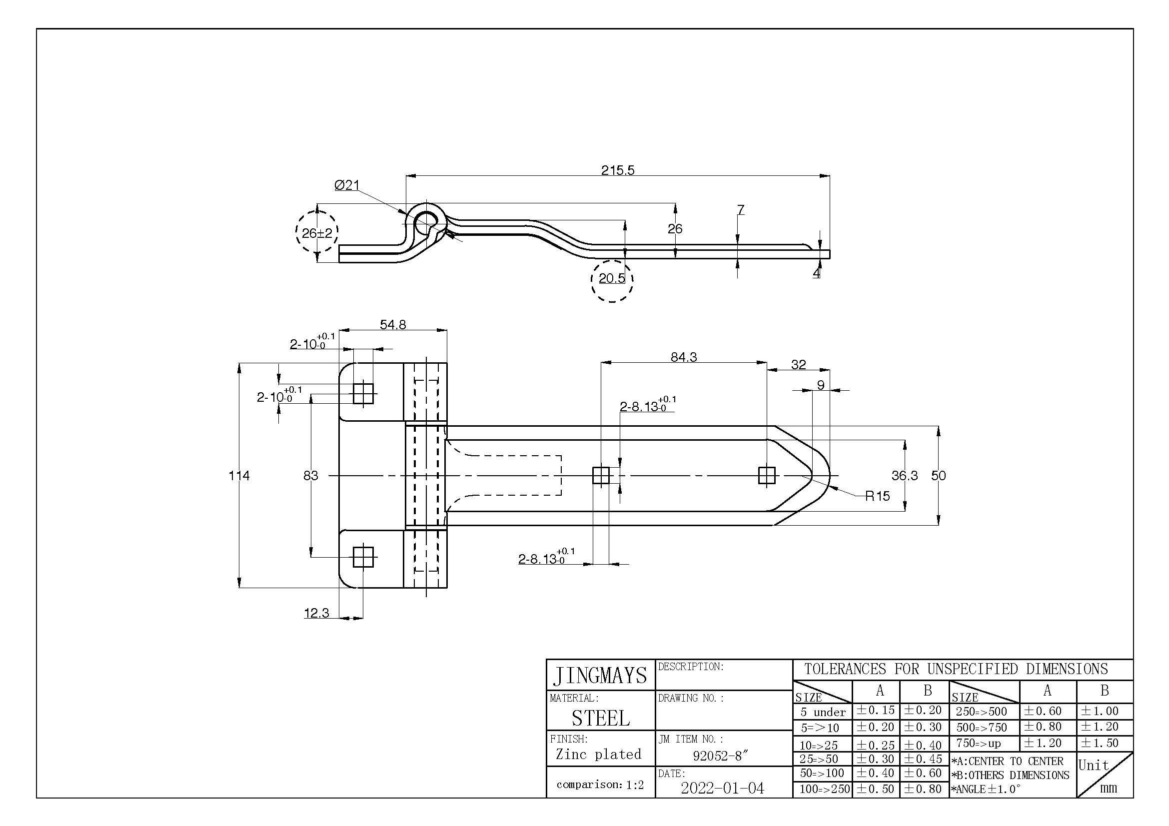 8 inch Steel Zinc Plated Strap Hinge - 92052-8