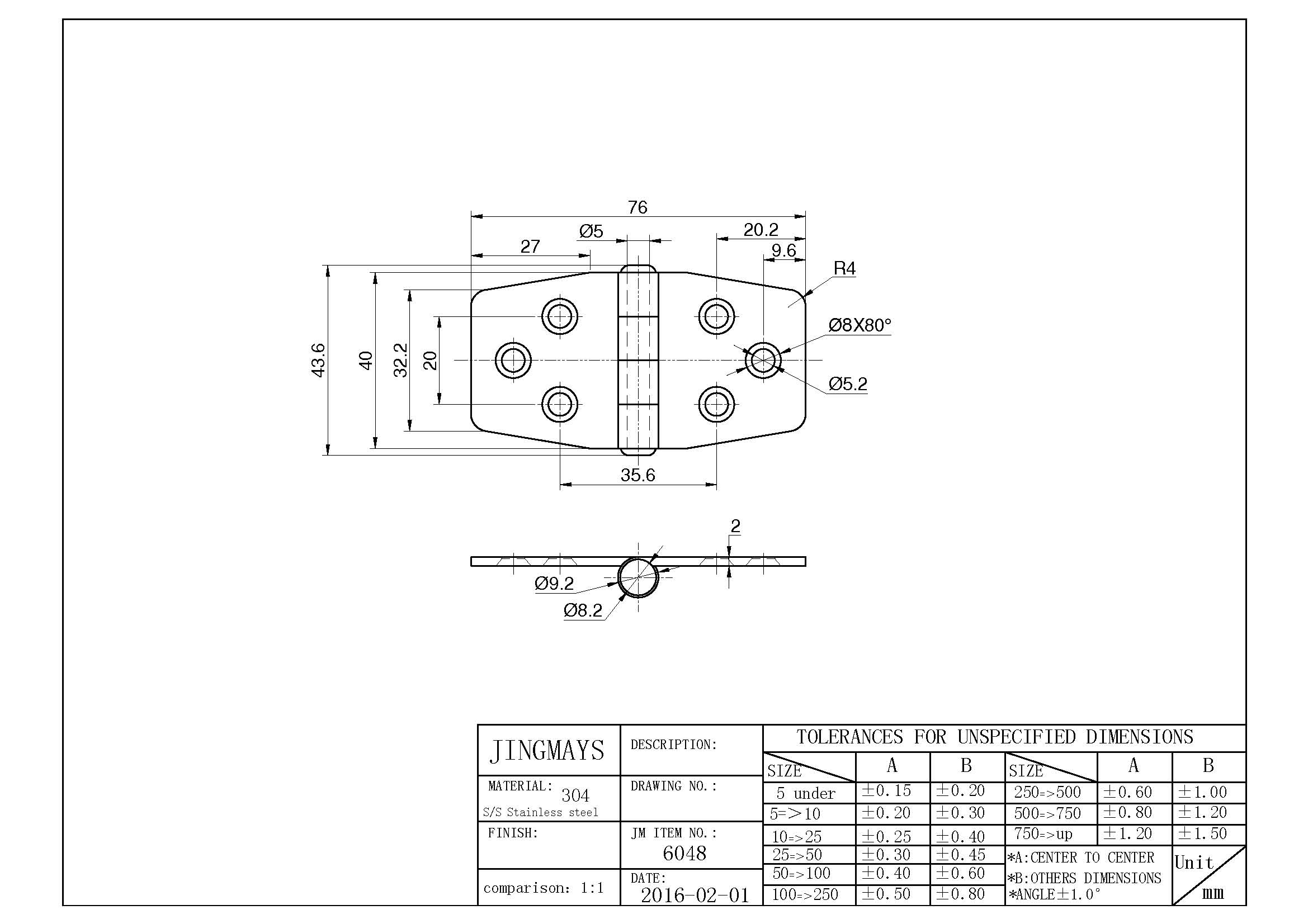 304 Stainless Steel Polished Hinge - 6048